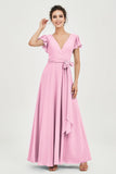 Flutter Sleeves Chiffon V Neck Bridesmaid Dress Women's Formal Evening Prom Gowns Dresses