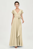 Flutter Sleeves Chiffon V Neck Bridesmaid Dress Women's Formal Evening Prom Gowns Dresses