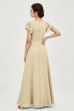 Flutter Sleeves Chiffon V Neck Bridesmaid Dress Women's Formal Evening Prom Gowns Dresses