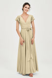 Flutter Sleeves Chiffon V Neck Bridesmaid Dress Women's Formal Evening Prom Gowns Dresses