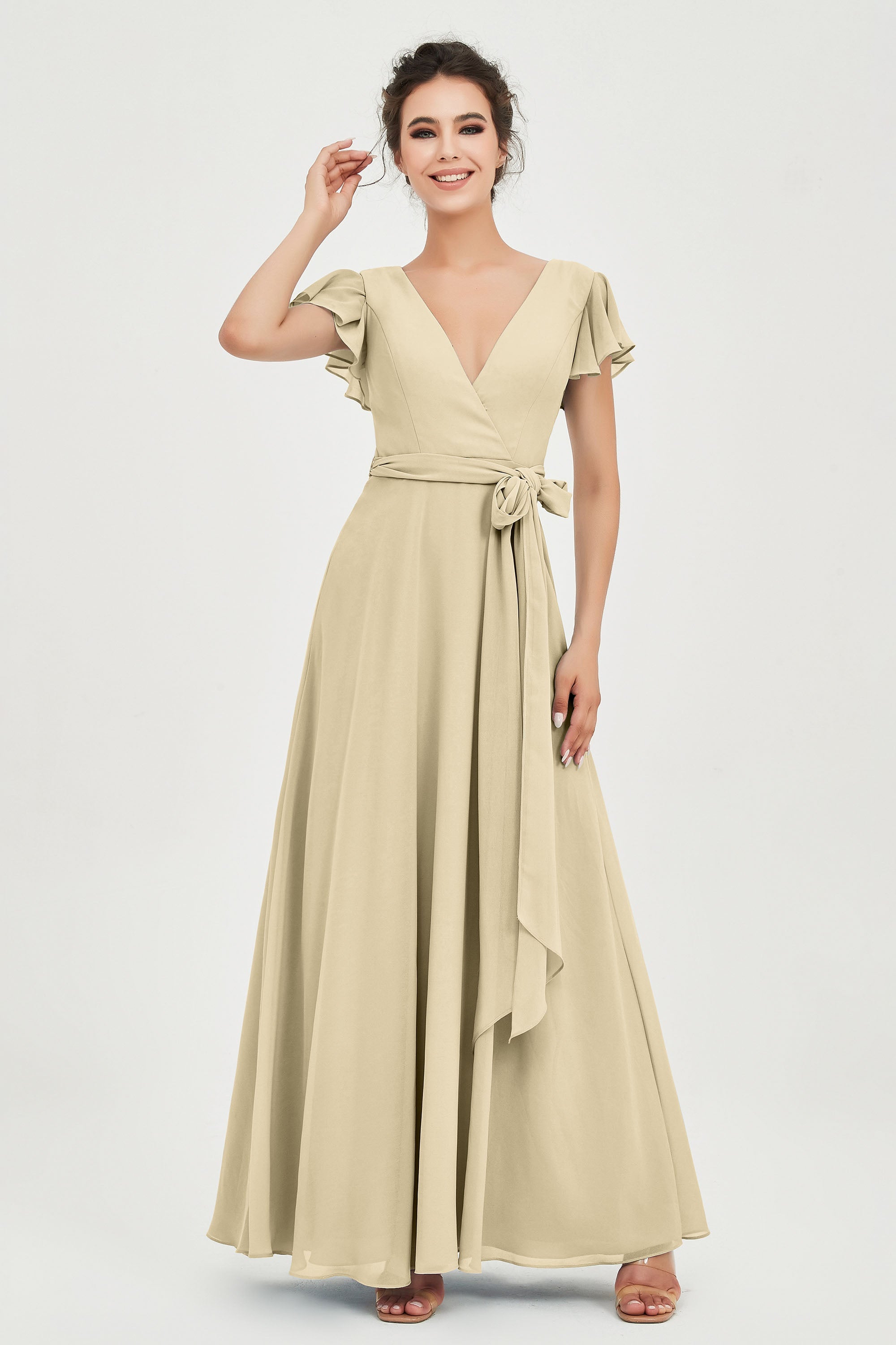 Flutter Sleeves Chiffon V Neck Bridesmaid Dress Women's Formal Evening Prom Gowns Dresses