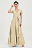 Flutter Sleeves Chiffon V Neck Bridesmaid Dress Women's Formal Evening Prom Gowns Dresses
