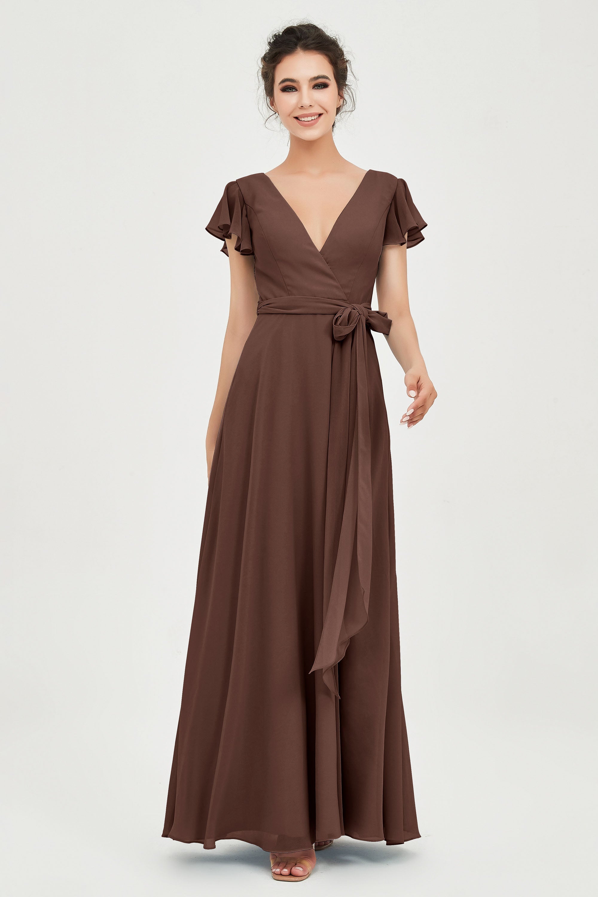 Flutter Sleeves Chiffon V Neck Bridesmaid Dress Women's Formal Evening Prom Gowns Dresses