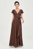 Flutter Sleeves Chiffon V Neck Bridesmaid Dress Women's Formal Evening Prom Gowns Dresses