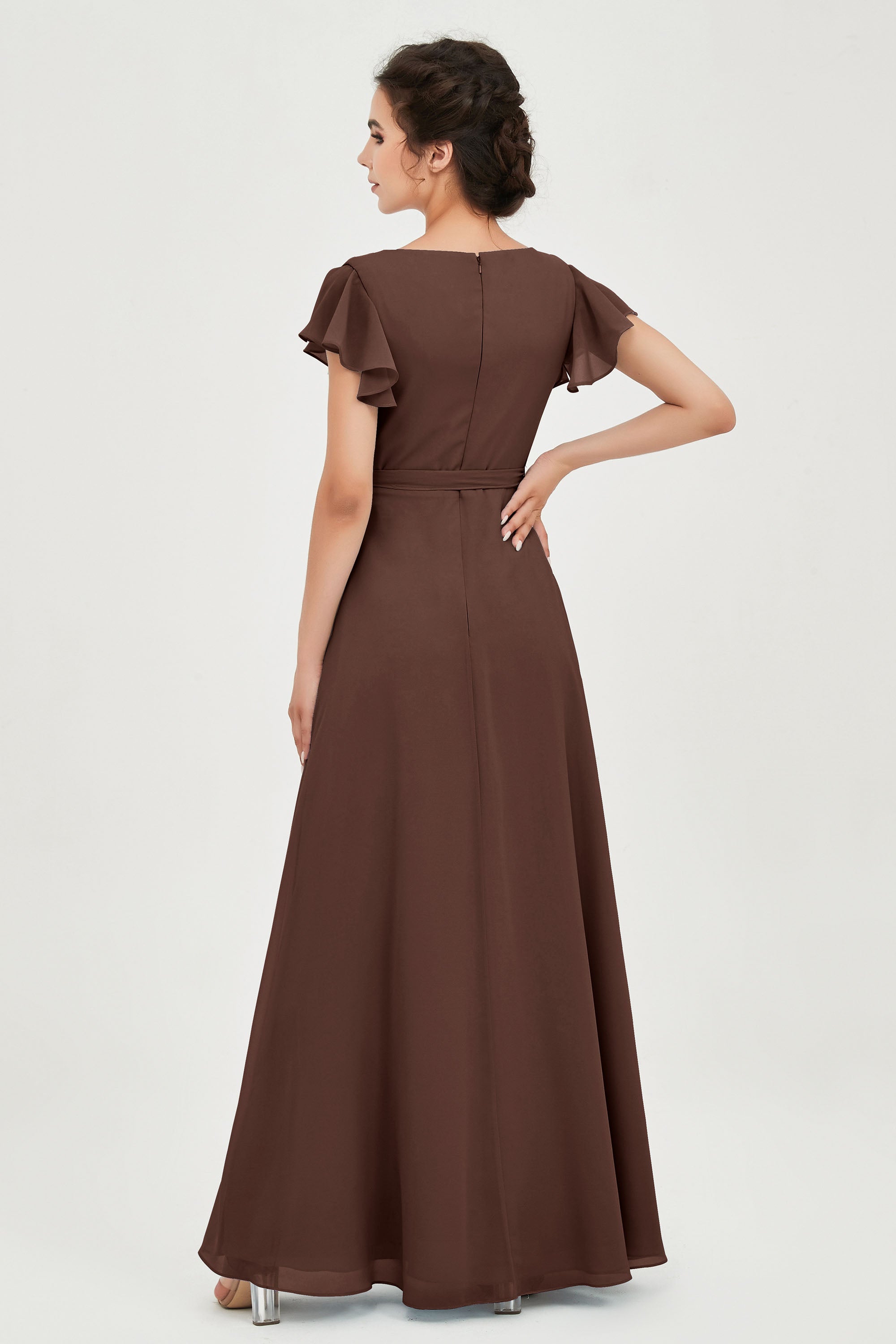 Flutter Sleeves Chiffon V Neck Bridesmaid Dress Women's Formal Evening Prom Gowns Dresses