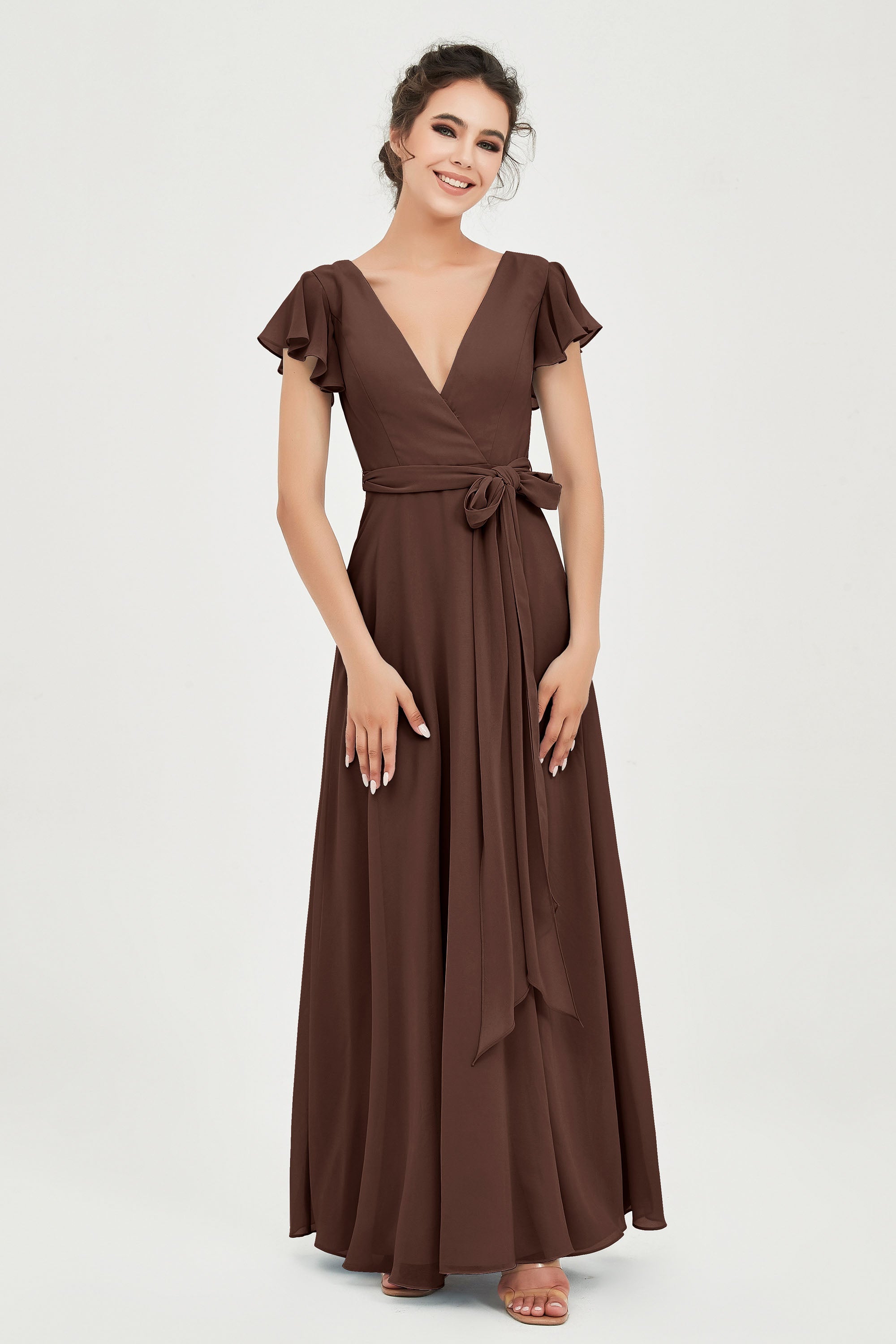 Flutter Sleeves Chiffon V Neck Bridesmaid Dress Women's Formal Evening Prom Gowns Dresses