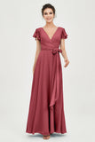 Flutter Sleeves Chiffon V Neck Bridesmaid Dress Women's Formal Evening Prom Gowns Dresses