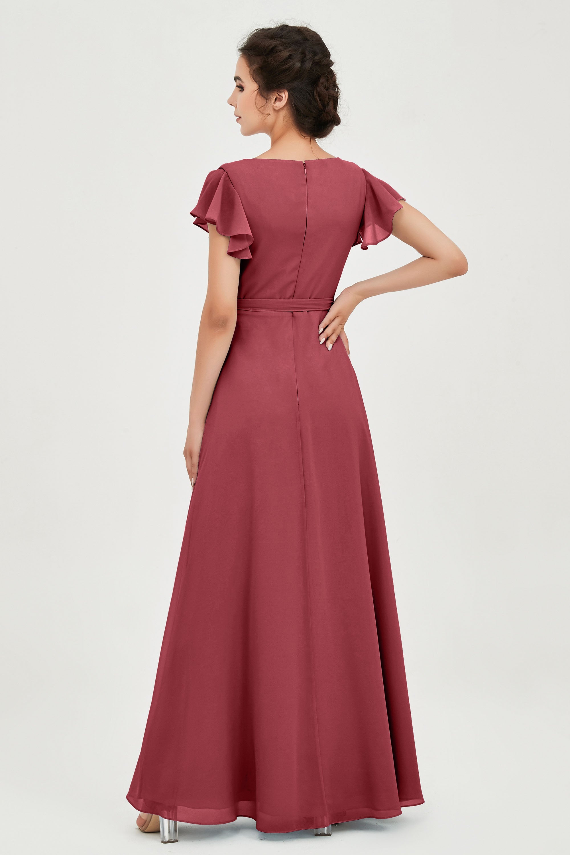 Flutter Sleeves Chiffon V Neck Bridesmaid Dress Women's Formal Evening Prom Gowns Dresses