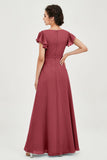 Flutter Sleeves Chiffon V Neck Bridesmaid Dress Women's Formal Evening Prom Gowns Dresses