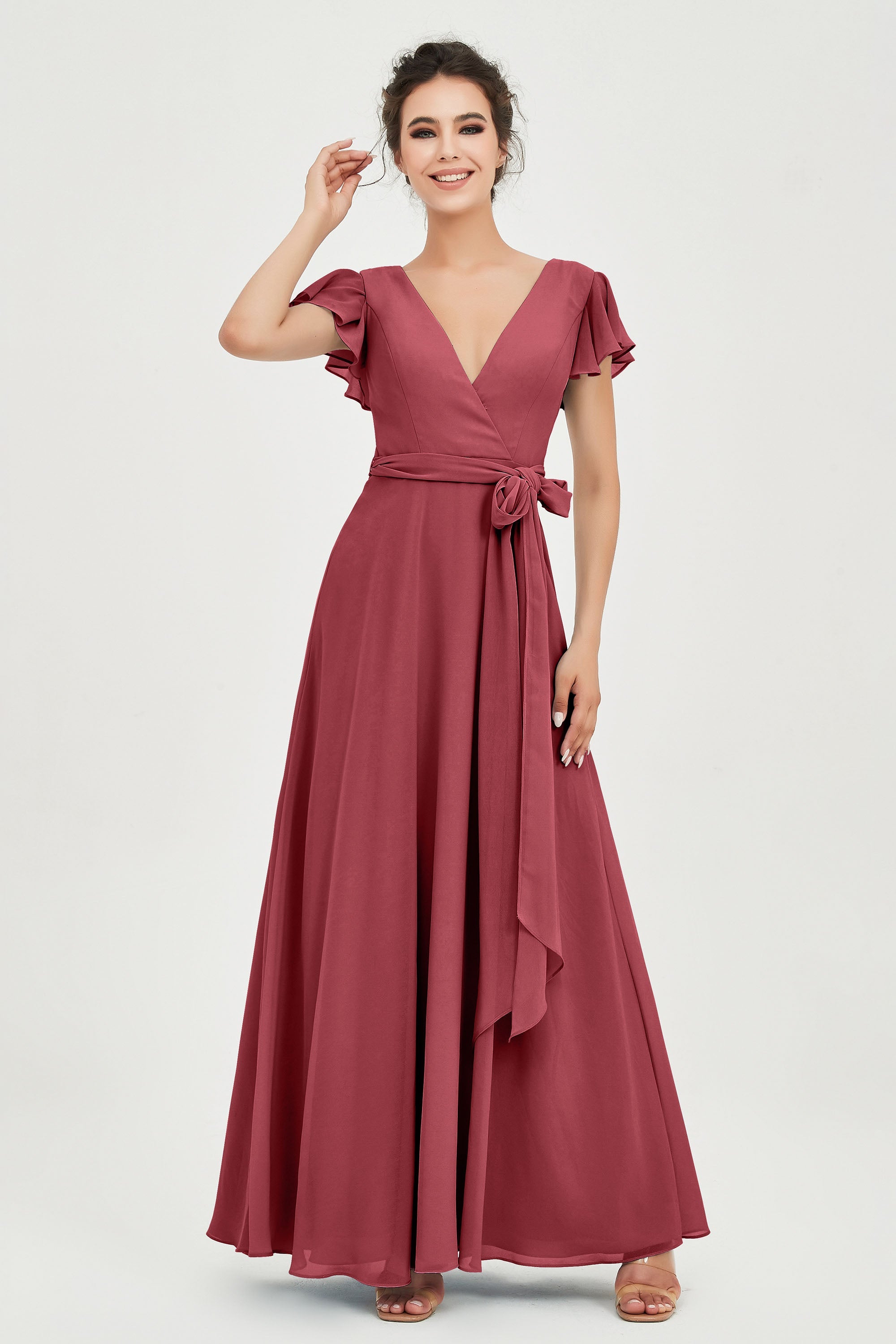 Flutter Sleeves Chiffon V Neck Bridesmaid Dress Women's Formal Evening Prom Gowns Dresses