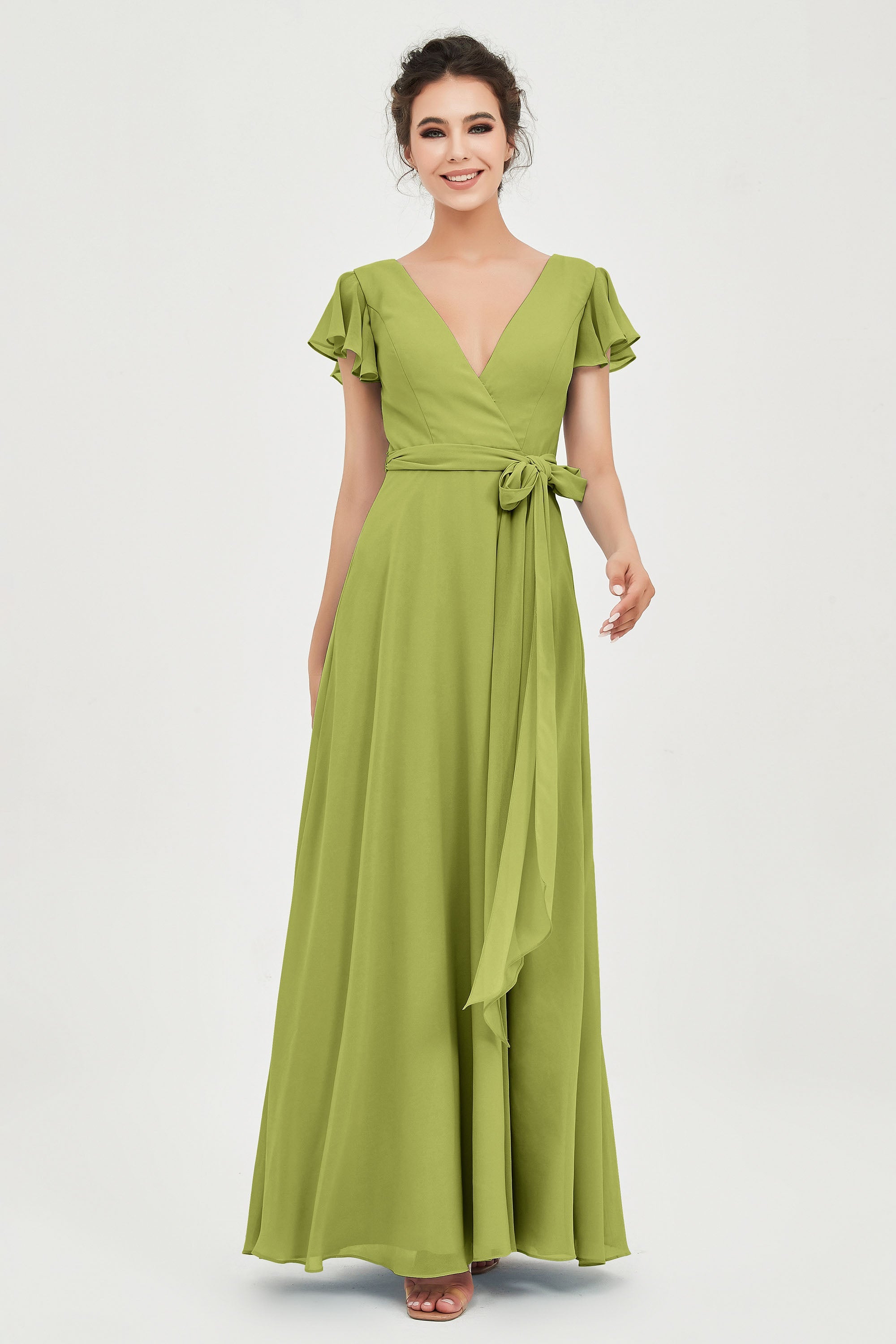 Flutter Sleeves Chiffon V Neck Bridesmaid Dress Women's Formal Evening Prom Gowns Dresses
