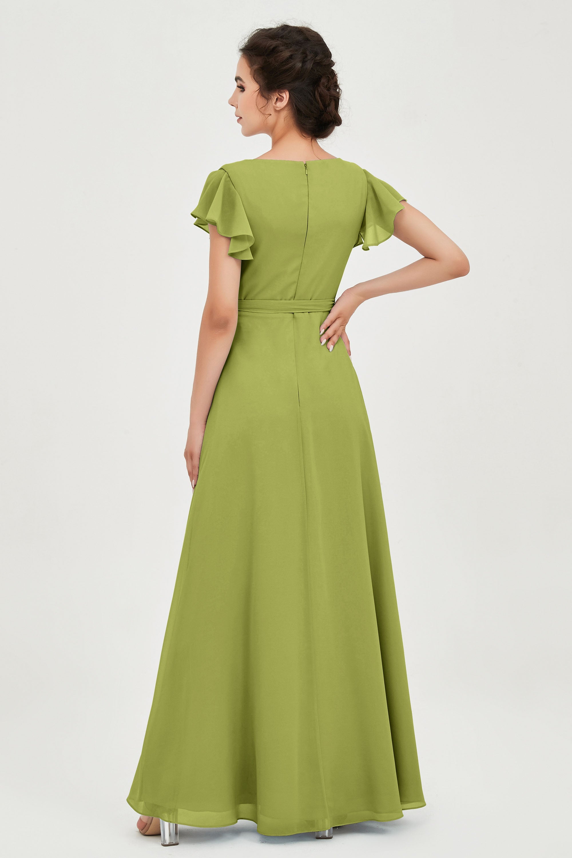 Flutter Sleeves Chiffon V Neck Bridesmaid Dress Women's Formal Evening Prom Gowns Dresses