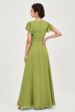 Flutter Sleeves Chiffon V Neck Bridesmaid Dress Women's Formal Evening Prom Gowns Dresses