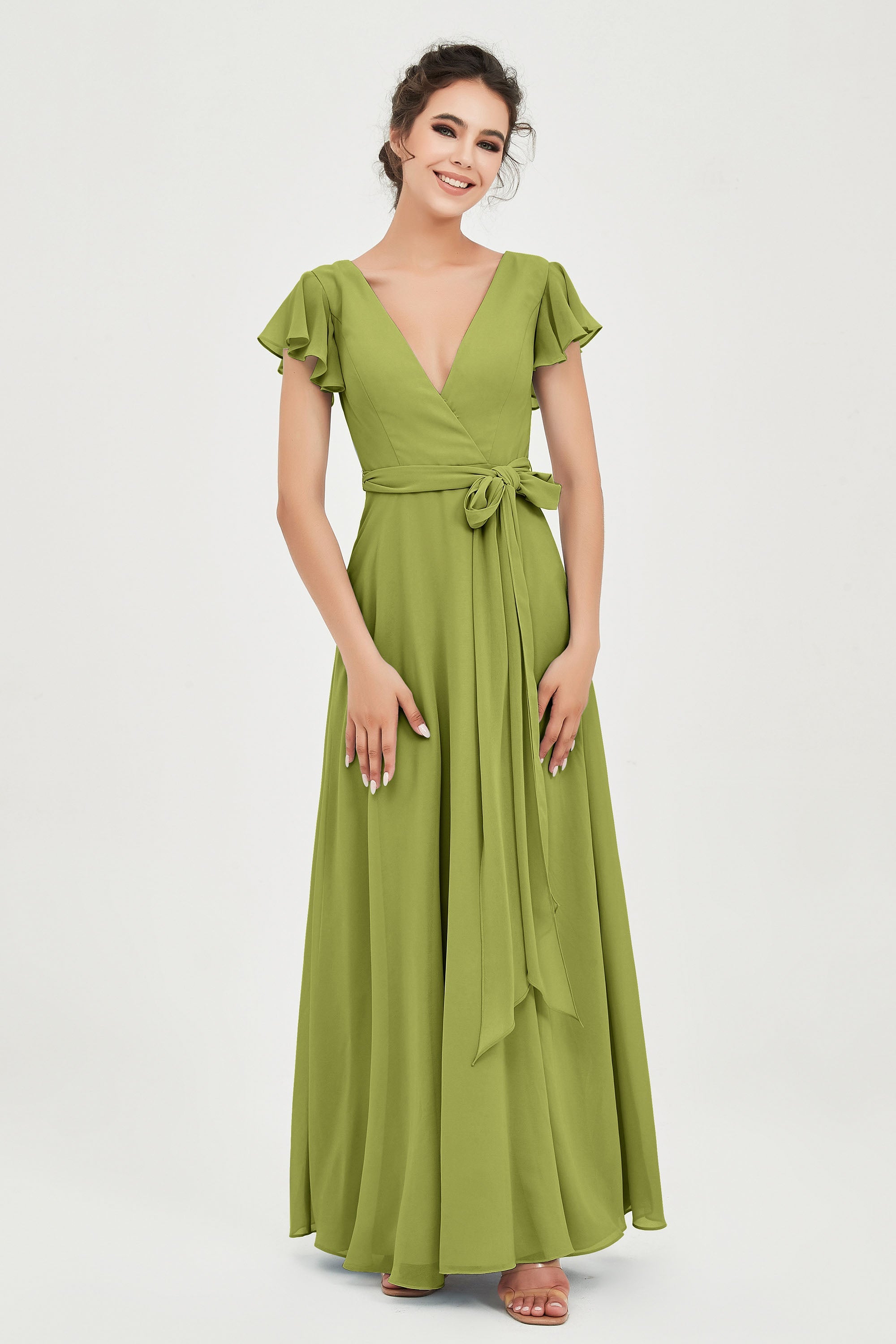 Flutter Sleeves Chiffon V Neck Bridesmaid Dress Women's Formal Evening Prom Gowns Dresses