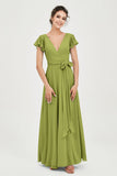 Flutter Sleeves Chiffon V Neck Bridesmaid Dress Women's Formal Evening Prom Gowns Dresses
