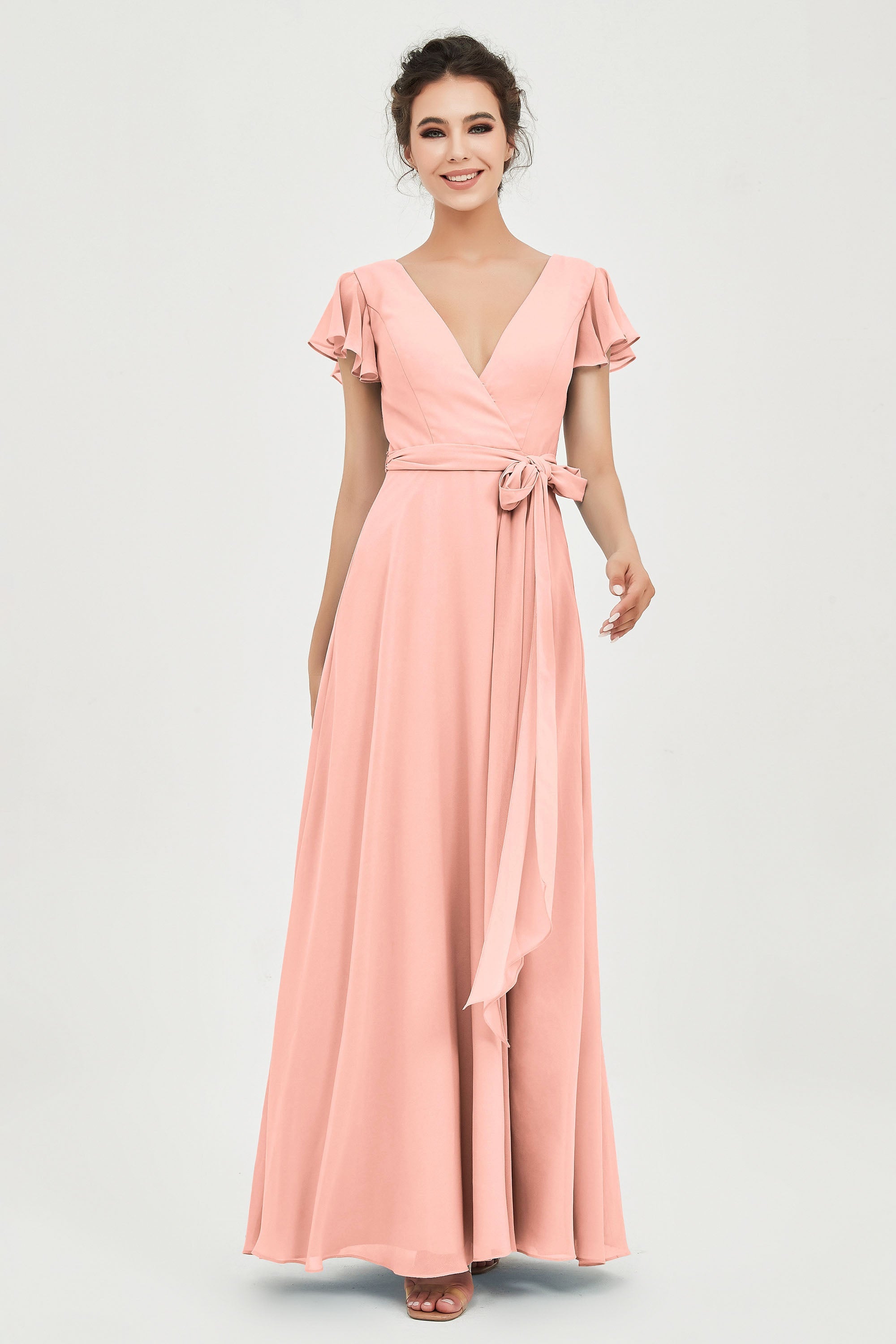 Flutter Sleeves Chiffon V Neck Bridesmaid Dress Women's Formal Evening Prom Gowns Dresses