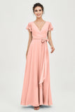 Flutter Sleeves Chiffon V Neck Bridesmaid Dress Women's Formal Evening Prom Gowns Dresses