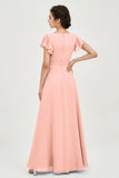 Flutter Sleeves Chiffon V Neck Bridesmaid Dress Women's Formal Evening Prom Gowns Dresses