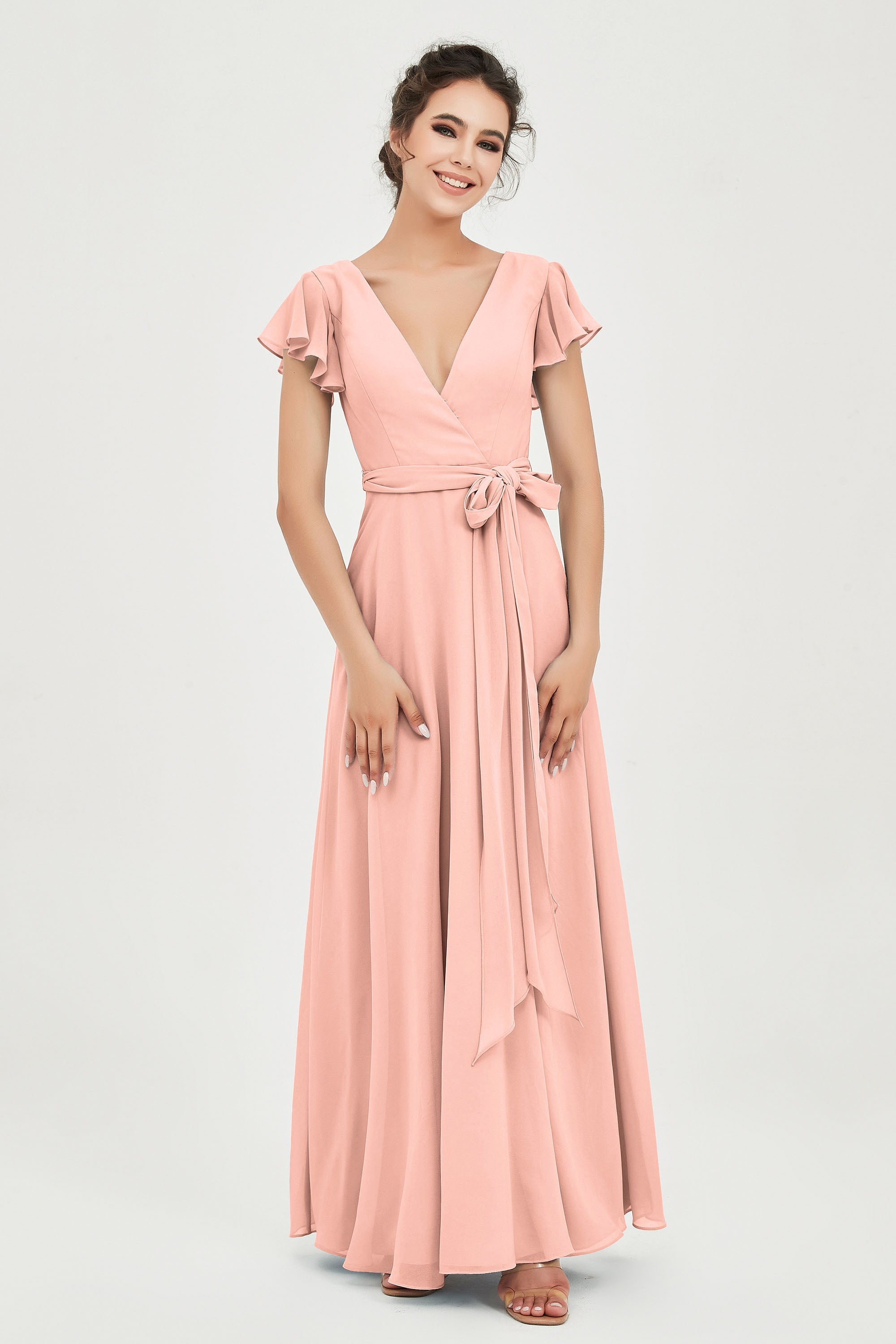 Flutter Sleeves Chiffon V Neck Bridesmaid Dress Women's Formal Evening Prom Gowns Dresses