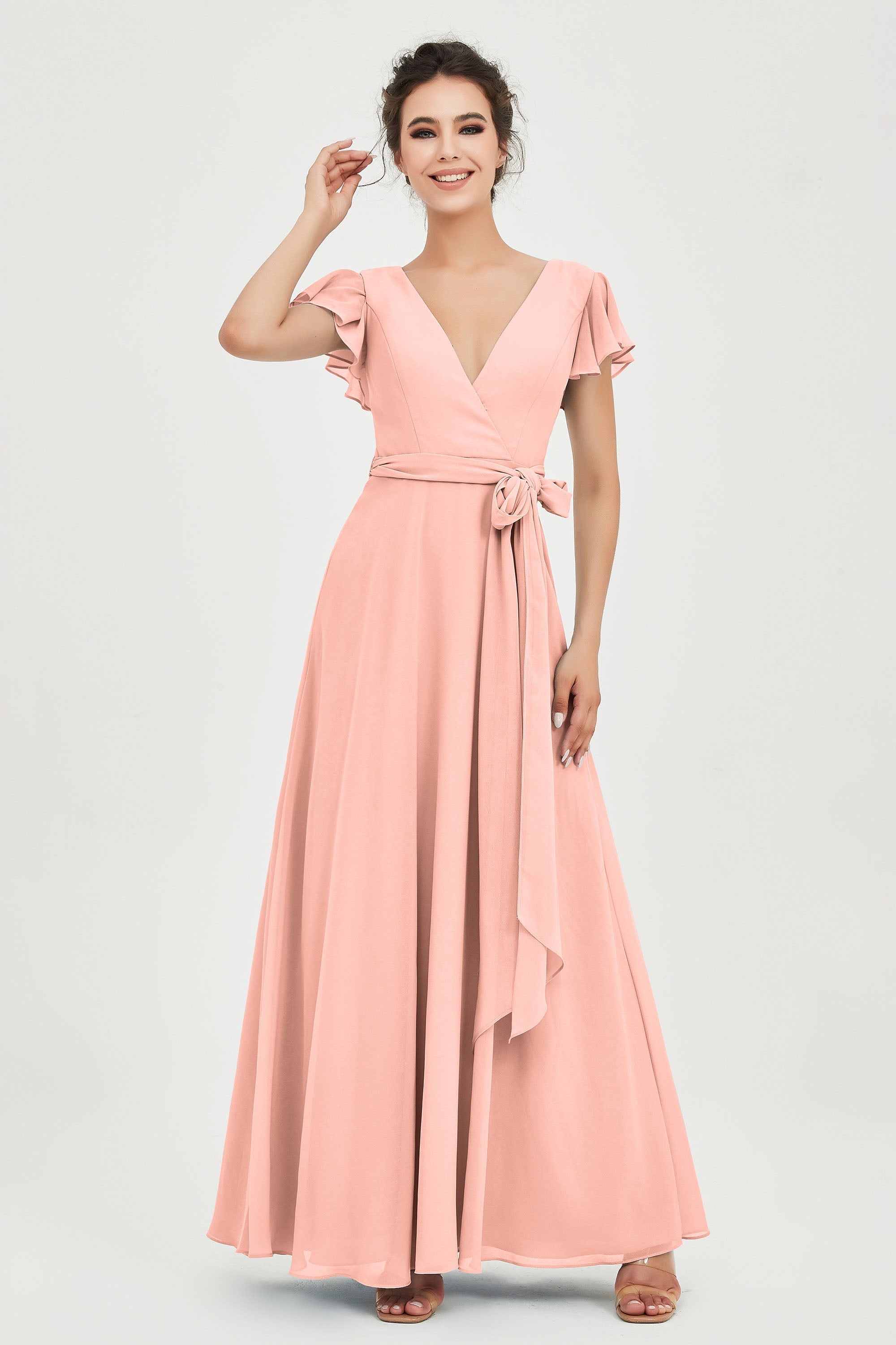 Flutter Sleeves Chiffon V Neck Bridesmaid Dress Women's Formal Evening Prom Gowns Dresses