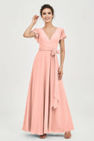Flutter Sleeves Chiffon V Neck Bridesmaid Dress Women's Formal Evening Prom Gowns Dresses