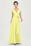 Flutter Sleeves Chiffon V Neck Bridesmaid Dress Women's Formal Evening Prom Gowns Dresses