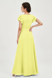 Flutter Sleeves Chiffon V Neck Bridesmaid Dress Women's Formal Evening Prom Gowns Dresses