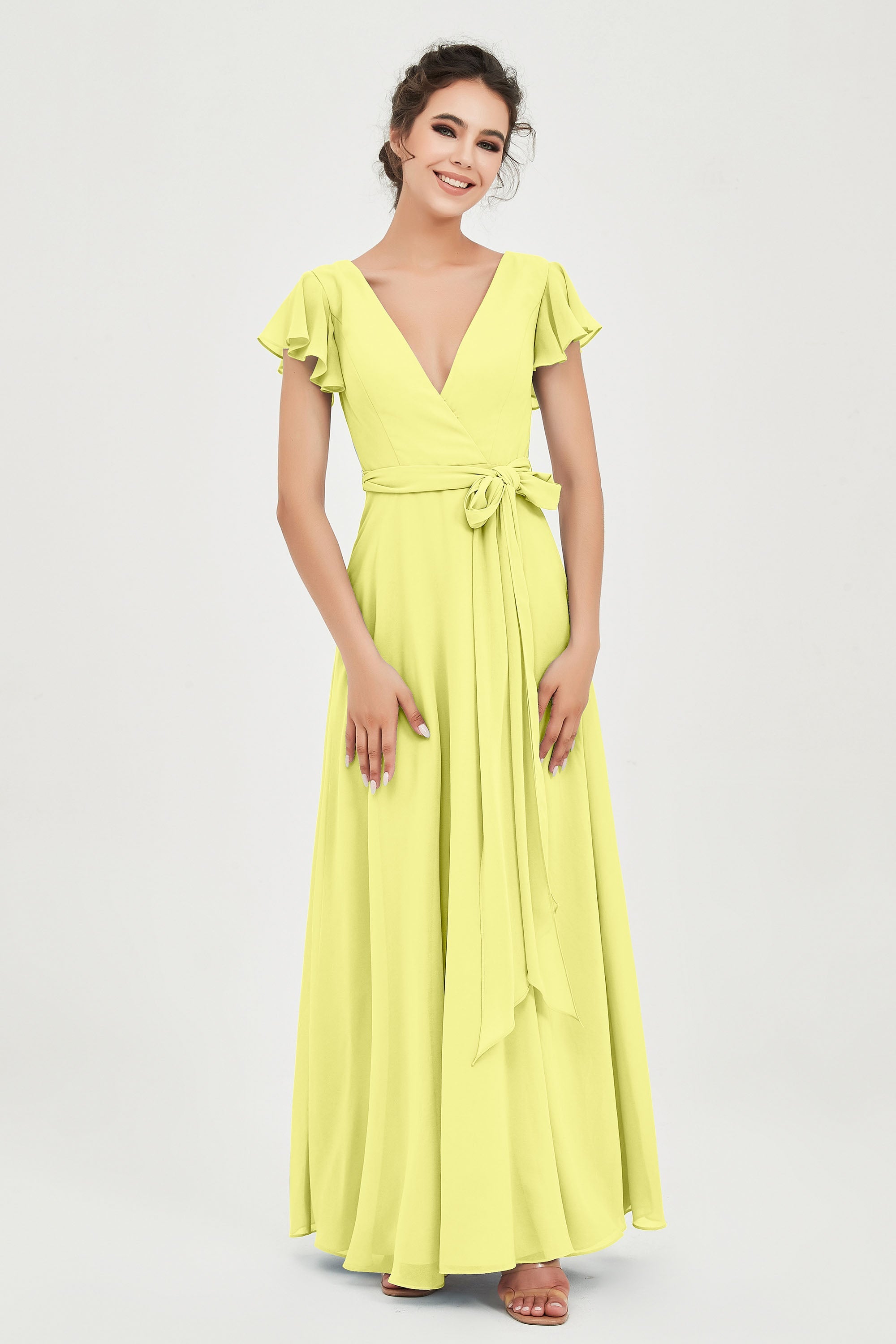 Flutter Sleeves Chiffon V Neck Bridesmaid Dress Women's Formal Evening Prom Gowns Dresses