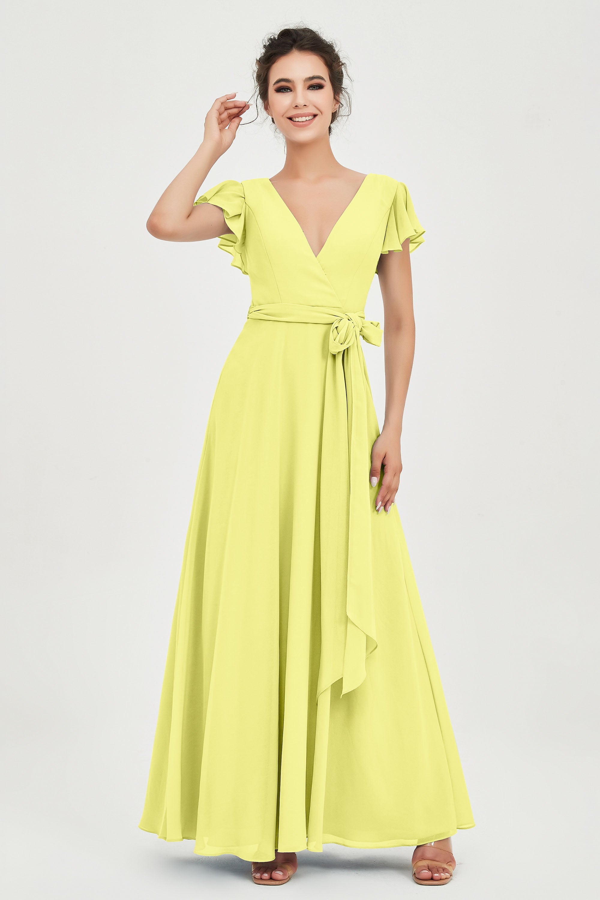 Flutter Sleeves Chiffon V Neck Bridesmaid Dress Women's Formal Evening Prom Gowns Dresses