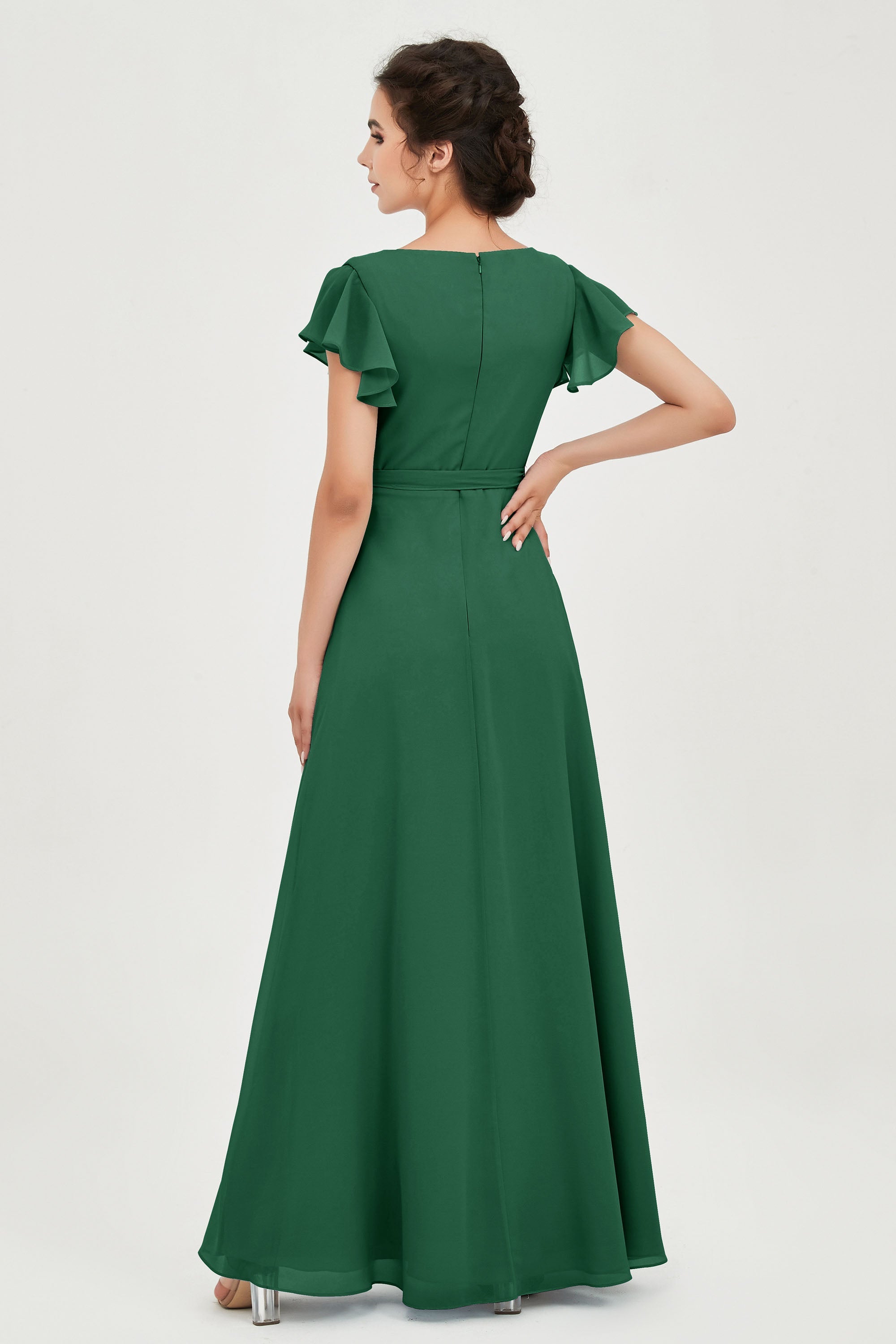 Flutter Sleeves Chiffon V Neck Bridesmaid Dress Women's Formal Evening Prom Gowns Dresses
