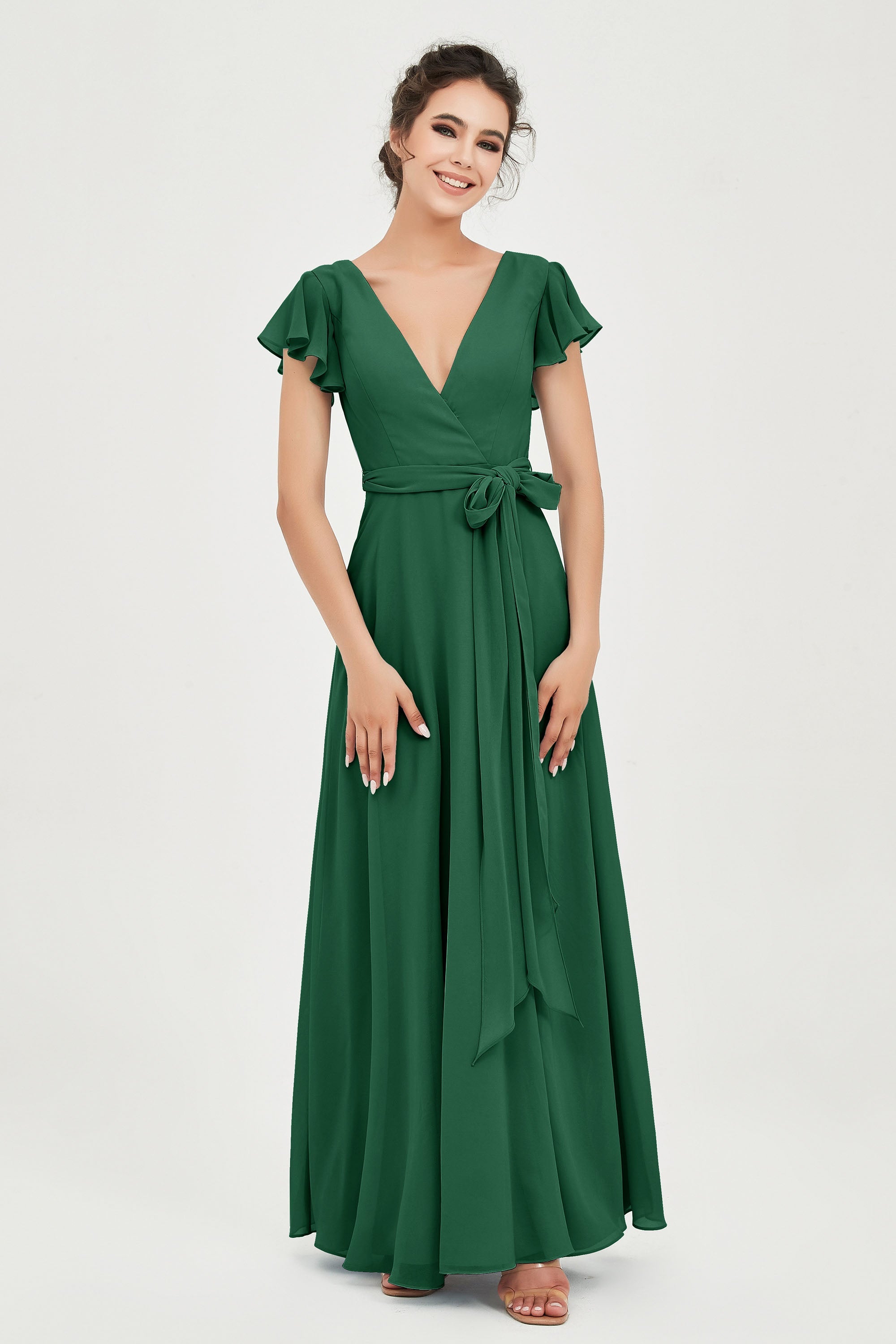 Flutter Sleeves Chiffon V Neck Bridesmaid Dress Women's Formal Evening Prom Gowns Dresses