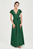 Flutter Sleeves Chiffon V Neck Bridesmaid Dress Women's Formal Evening Prom Gowns Dresses