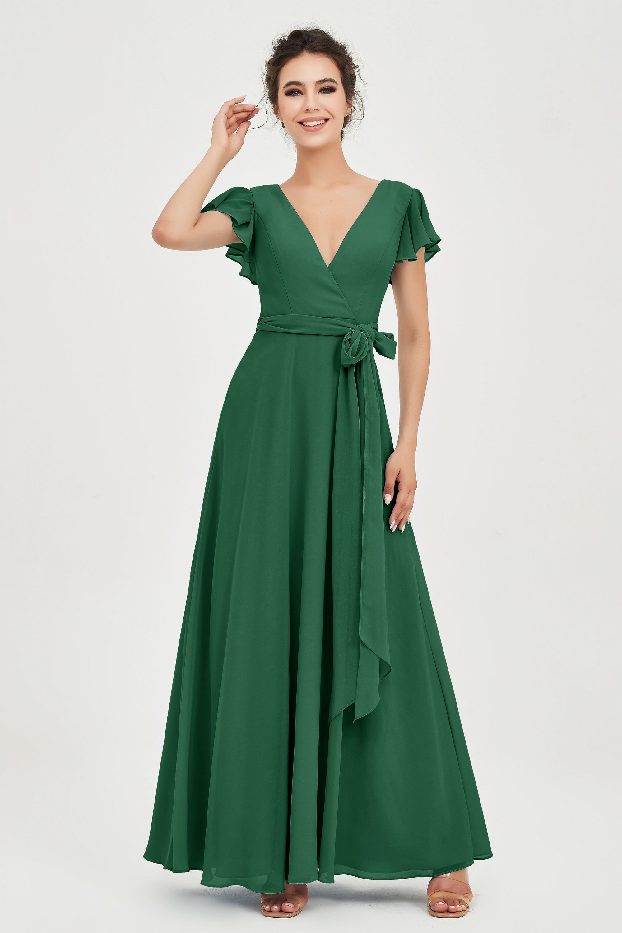 Flutter Sleeves Chiffon V Neck Bridesmaid Dress Women's Formal Evening Prom Gowns Dresses