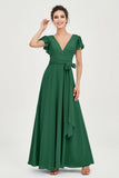 Flutter Sleeves Chiffon V Neck Bridesmaid Dress Women's Formal Evening Prom Gowns Dresses