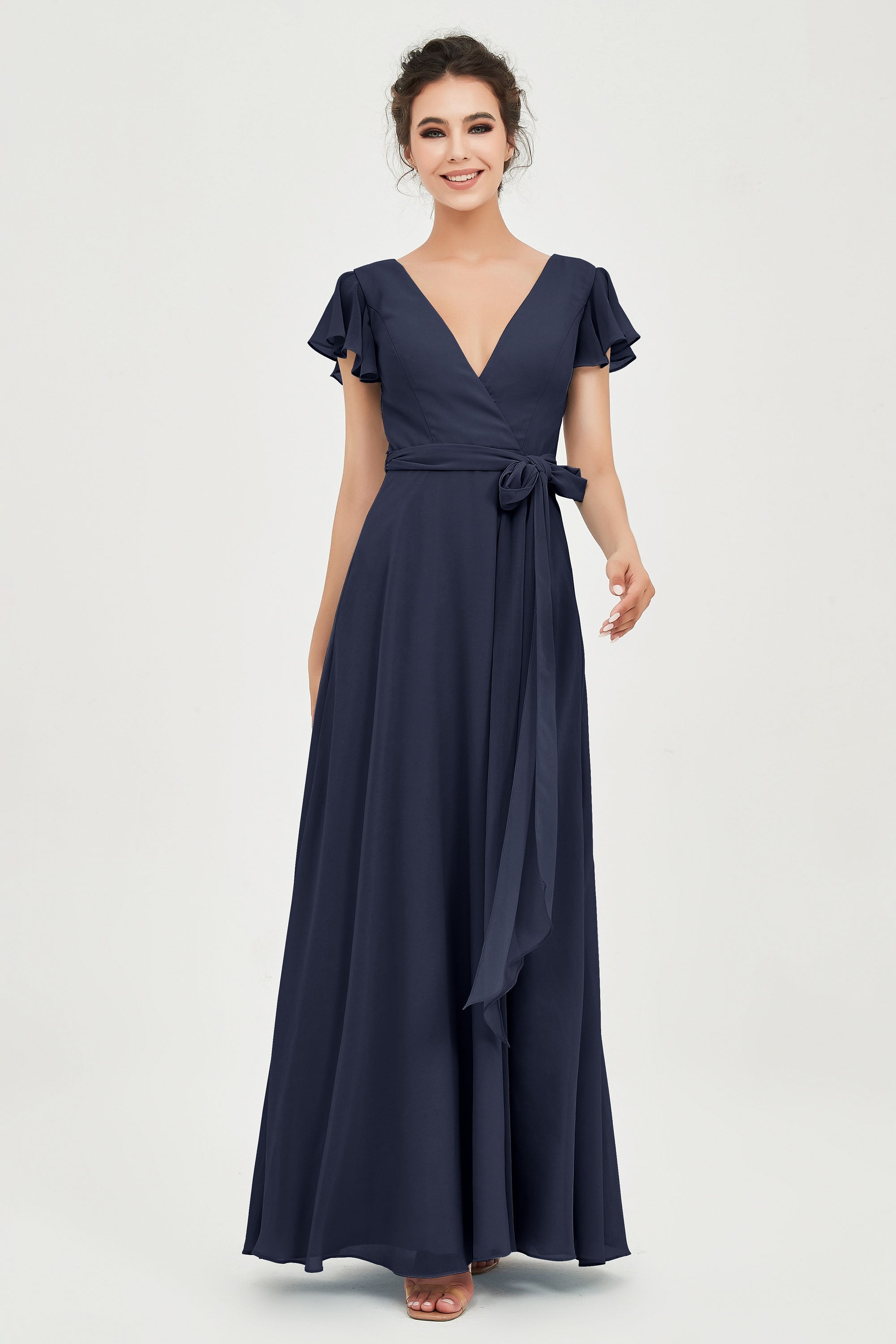 Flutter Sleeves Chiffon V Neck Bridesmaid Dress Women's Formal Evening Prom Gowns Dresses