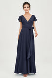 Flutter Sleeves Chiffon V Neck Bridesmaid Dress Women's Formal Evening Prom Gowns Dresses