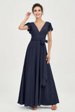 Flutter Sleeves Chiffon V Neck Bridesmaid Dress Women's Formal Evening Prom Gowns Dresses