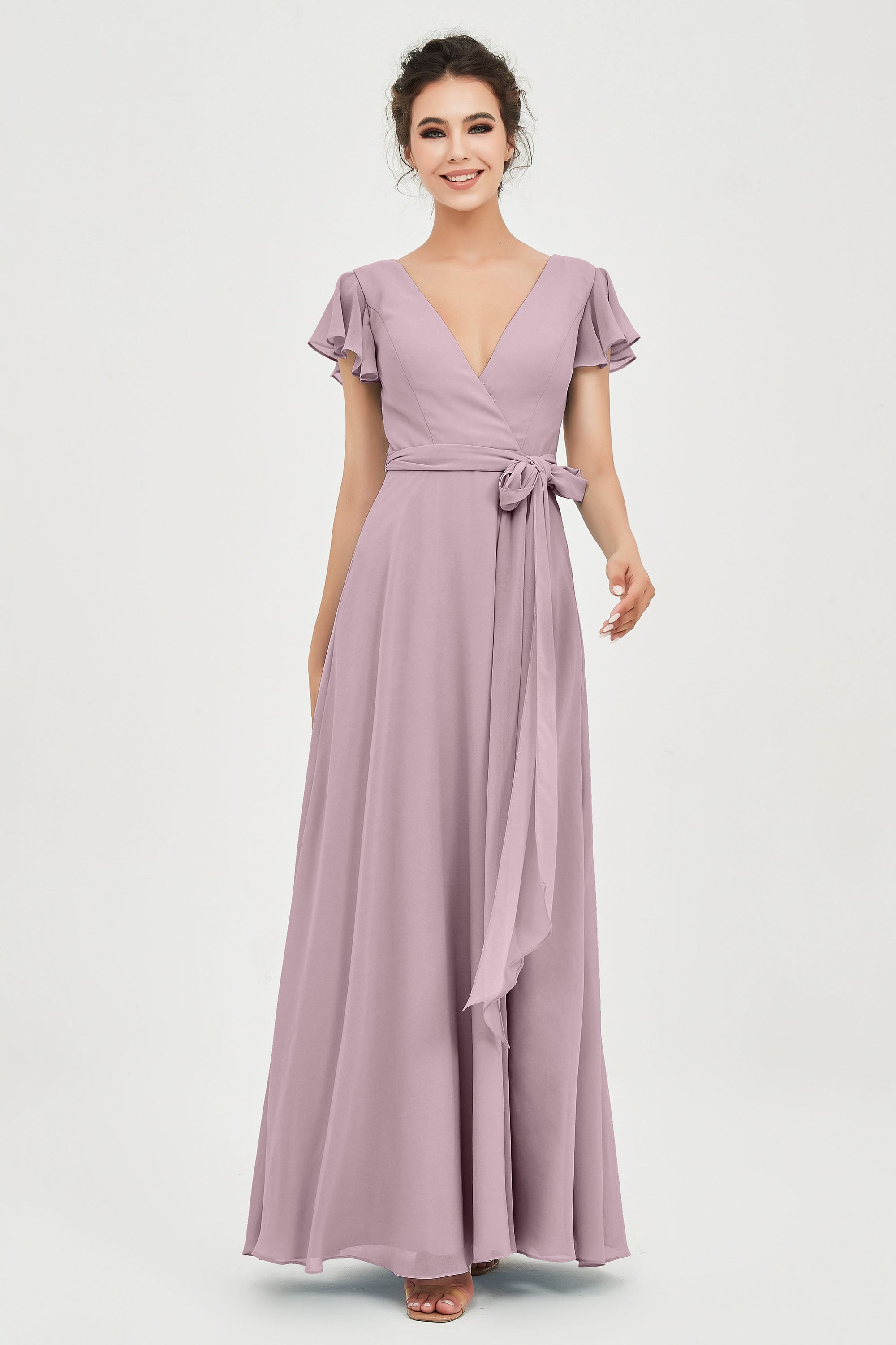 Flutter Sleeves Chiffon V Neck Bridesmaid Dress Women's Formal Evening Prom Gowns Dresses