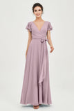 Flutter Sleeves Chiffon V Neck Bridesmaid Dress Women's Formal Evening Prom Gowns Dresses