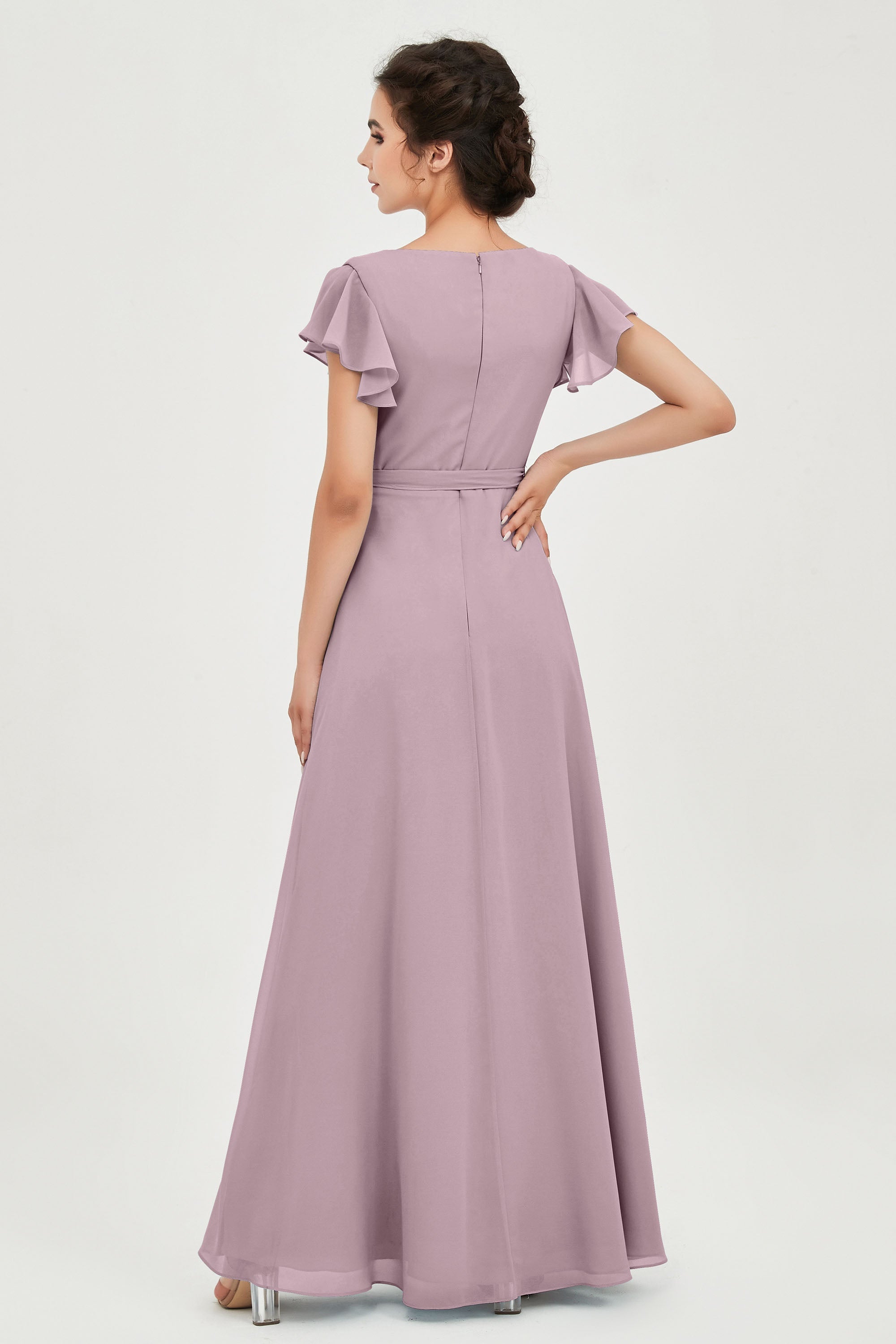 Flutter Sleeves Chiffon V Neck Bridesmaid Dress Women's Formal Evening Prom Gowns Dresses