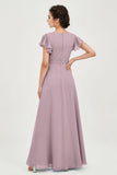 Flutter Sleeves Chiffon V Neck Bridesmaid Dress Women's Formal Evening Prom Gowns Dresses