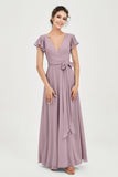 Flutter Sleeves Chiffon V Neck Bridesmaid Dress Women's Formal Evening Prom Gowns Dresses