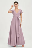 Flutter Sleeves Chiffon V Neck Bridesmaid Dress Women's Formal Evening Prom Gowns Dresses
