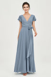 Flutter Sleeves Chiffon V Neck Bridesmaid Dress Women's Formal Evening Prom Gowns Dresses