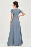 Flutter Sleeves Chiffon V Neck Bridesmaid Dress Women's Formal Evening Prom Gowns Dresses