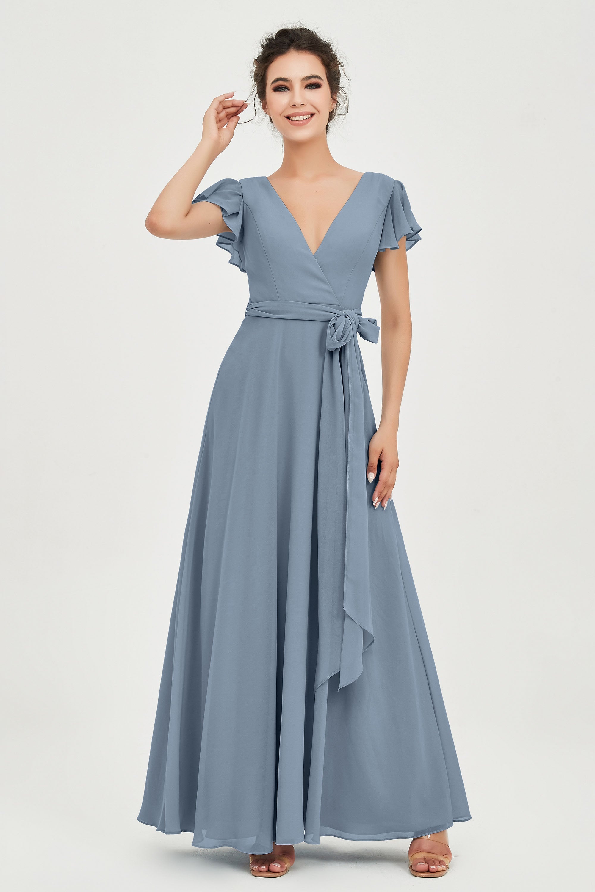 Flutter Sleeves Chiffon V Neck Bridesmaid Dress Women's Formal Evening Prom Gowns Dresses