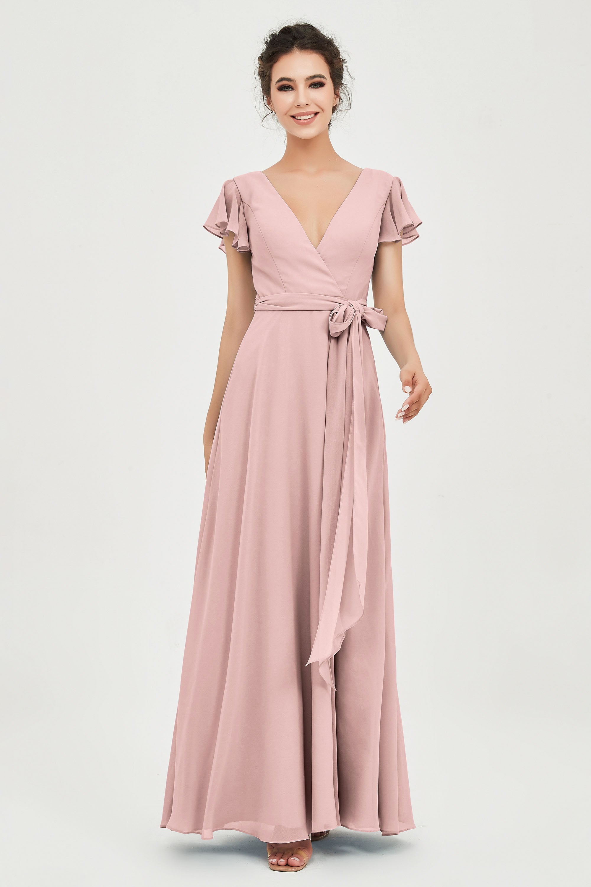 Flutter Sleeves Chiffon V Neck Bridesmaid Dress Women's Formal Evening Prom Gowns Dresses