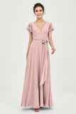 Flutter Sleeves Chiffon V Neck Bridesmaid Dress Women's Formal Evening Prom Gowns Dresses