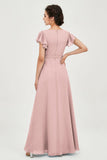 Flutter Sleeves Chiffon V Neck Bridesmaid Dress Women's Formal Evening Prom Gowns Dresses