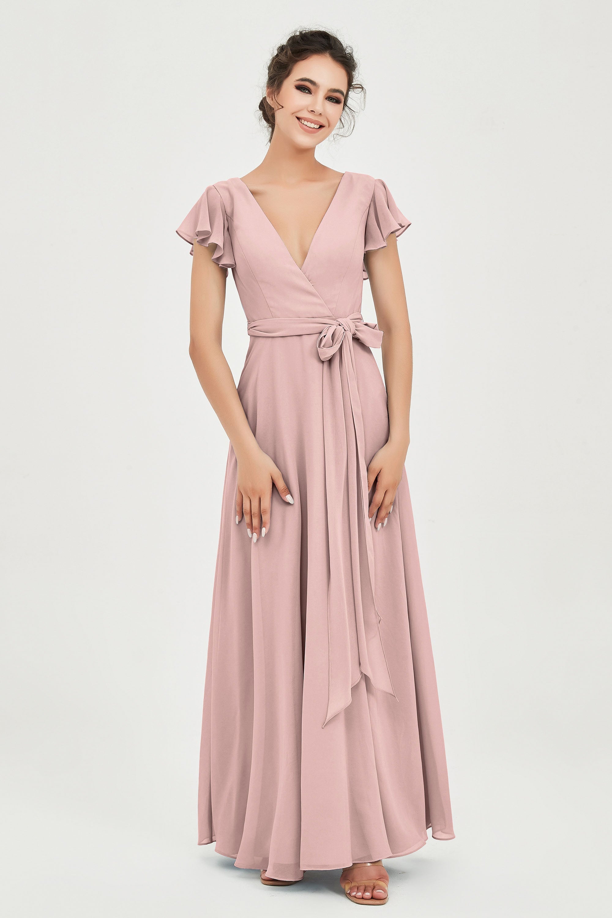 Flutter Sleeves Chiffon V Neck Bridesmaid Dress Women's Formal Evening Prom Gowns Dresses